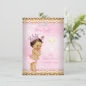Princess Baby Shower Pink Gold Lace Tiara Brunette Invitation (Standing Front)