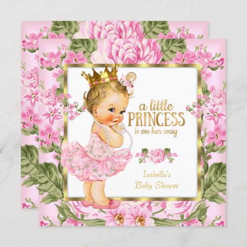 Princess Baby Shower Pink Gold Rose Floral Blonde Invitation