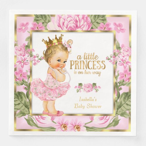 Princess Baby Shower Pink Gold Rose Floral Blonde Paper Dinner Napkins