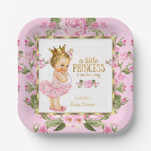 Princess Baby Shower Pink Gold Rose Floral Blonde Paper Plates