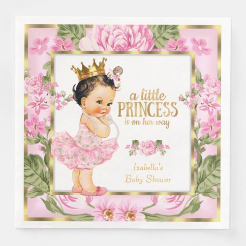 Princess Baby Shower Pink Gold Rose Floral Paper Dinner Napkins