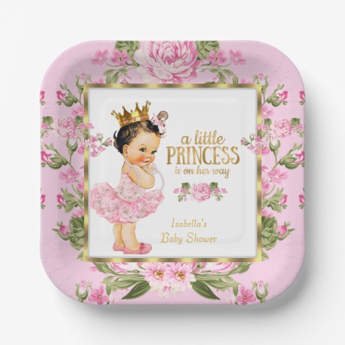 Princess Baby Shower Pink Gold Rose Floral Paper Plates