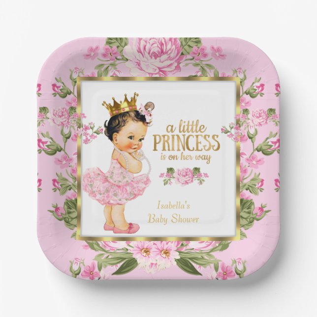 Princess Baby Shower Pink Gold Rose Floral Paper Plates (Front)