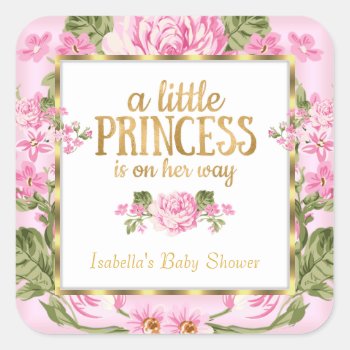 Princess Baby Shower Pink Gold Rose Floral Sticker by VintageBabyShop at Zazzle