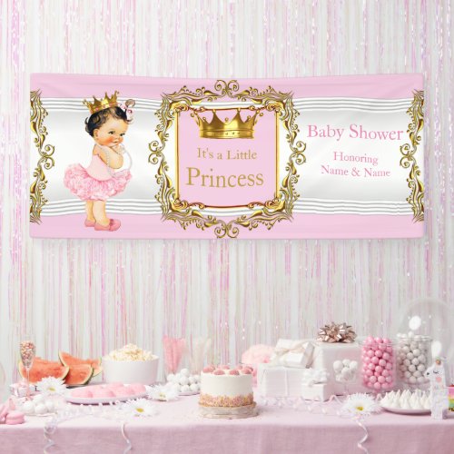 Princess Baby Shower Pink Gold White Brunette Baby Banner