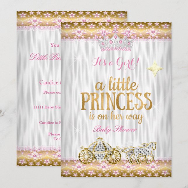 Princess Baby Shower Pink Gold White Carriage Invitation (Front/Back)
