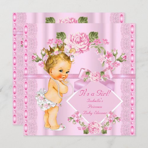 Princess Baby Shower Pink Lace Floral Rose Blonde Invitation