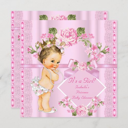 Princess Baby Shower Pink Lace Floral Rose BR Invitation