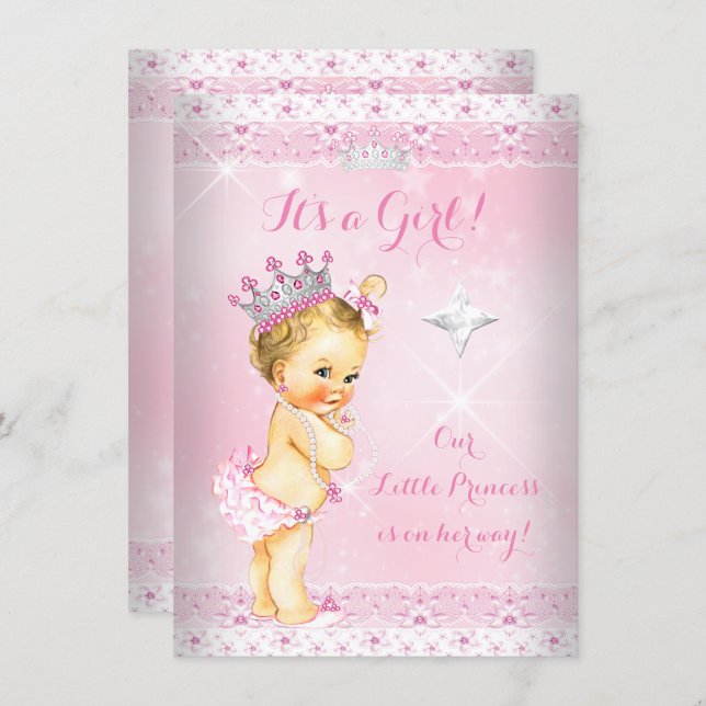 Princess Baby Shower Pink Lace Tiara Blonde Invitation (Front/Back)