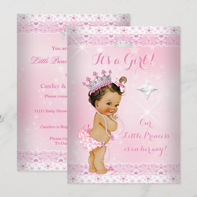 Princess Baby Shower Pink Lace Tiara Brunette Invitation (Front/Back)
