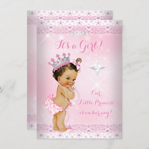 Princess Baby Shower Pink Lace Tiara Brunette Invitation