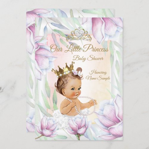 Princess Baby Shower Pink Lilac Floral Brunette Invitation