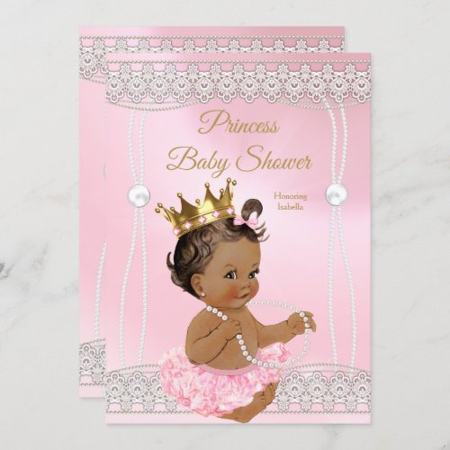 Princess Baby Shower Pink pearl lace brunette Invitation