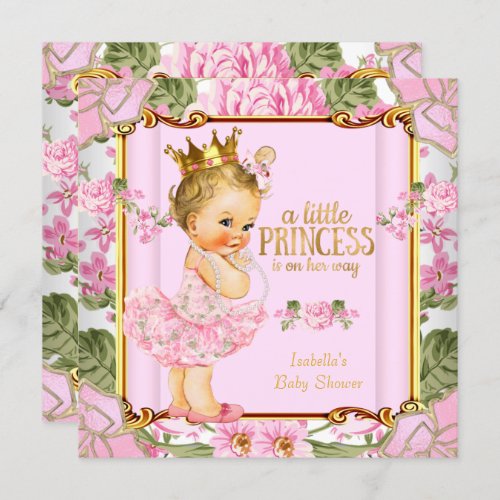 Princess Baby Shower Pink Rose Floral Blonde girl Invitation