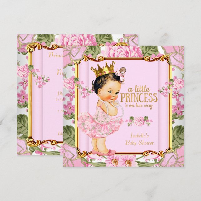 Princess Baby Shower Pink Rose Floral Brunette Invitation (Front/Back)