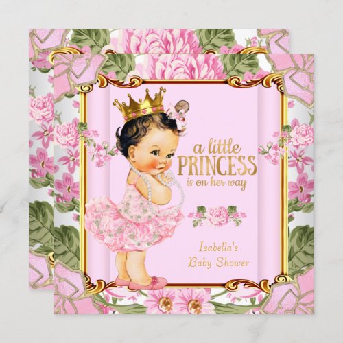 Princess Baby Shower Pink Rose Floral Brunette Invitation