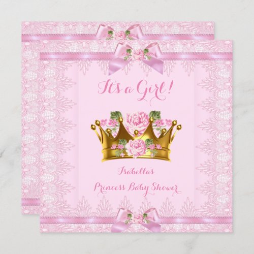 Princess Baby Shower Pink Rose Lace Bow Invitation