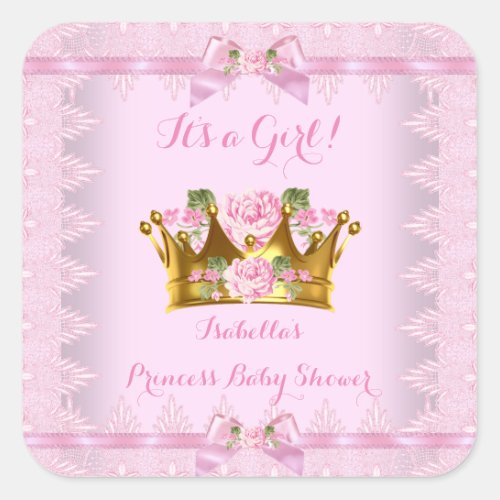 Princess Baby Shower Pink Rose Lace Bow Square Sticker