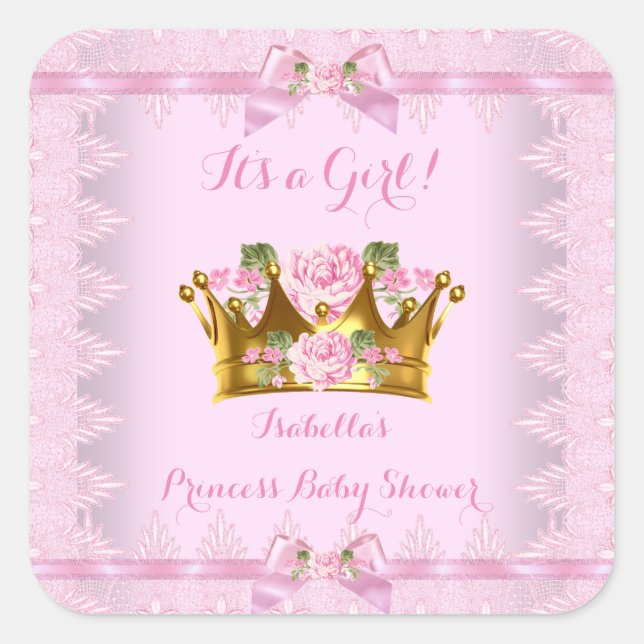 Princess Baby Shower Pink Rose Lace Bow Square Sticker (Front)