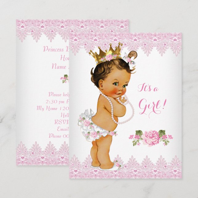 Princess Baby Shower Pink Rose Lace White Brunette Invitation (Front/Back)