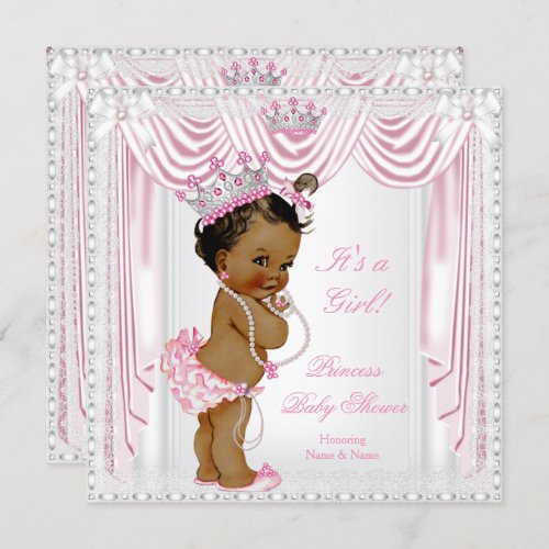 Princess Baby Shower Pink Satin Lace Dark Skin Invitation