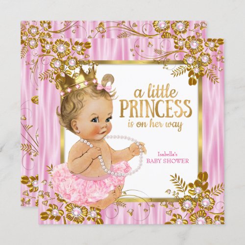 Princess Baby Shower Pink Silk Floral Blonde Invitation