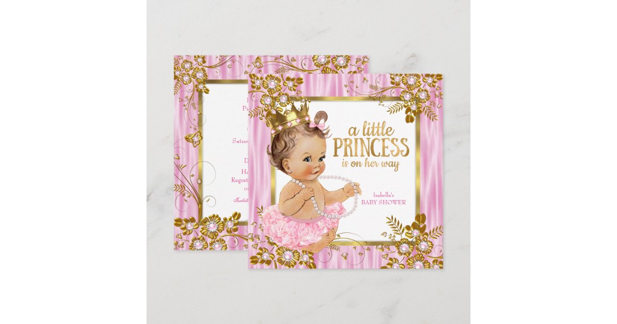 Princess Baby Shower Pink Silk Floral Brunette Invitation | Zazzle