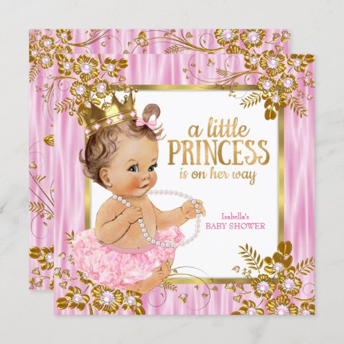 Princess Baby Shower Pink Silk Floral Brunette Invitation