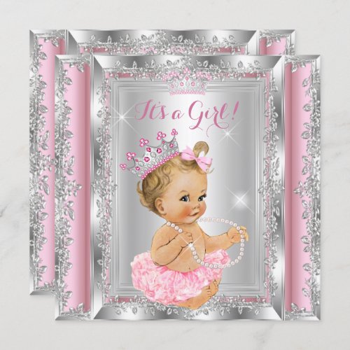 Princess Baby Shower Pink Silver Tutu Blonde Invitation