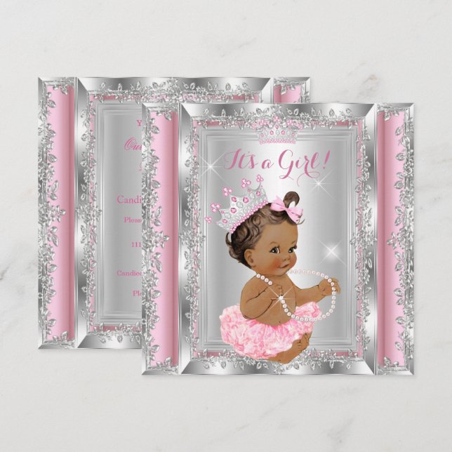 Princess Baby Shower Pink Silver Tutu Brunette 2 Invitation (Front/Back)