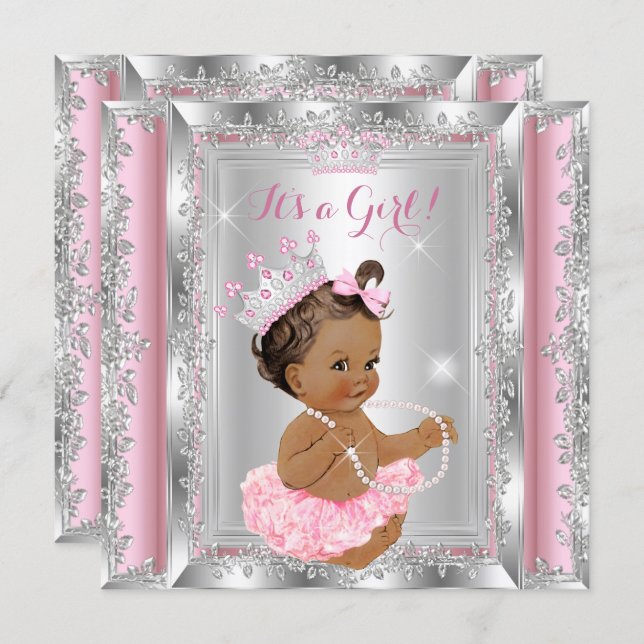 Princess Baby Shower Pink Silver Tutu Brunette 2 Invitation (Front/Back)