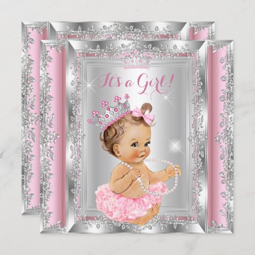 Princess Baby Shower Pink Silver Tutu Brunette Invitation