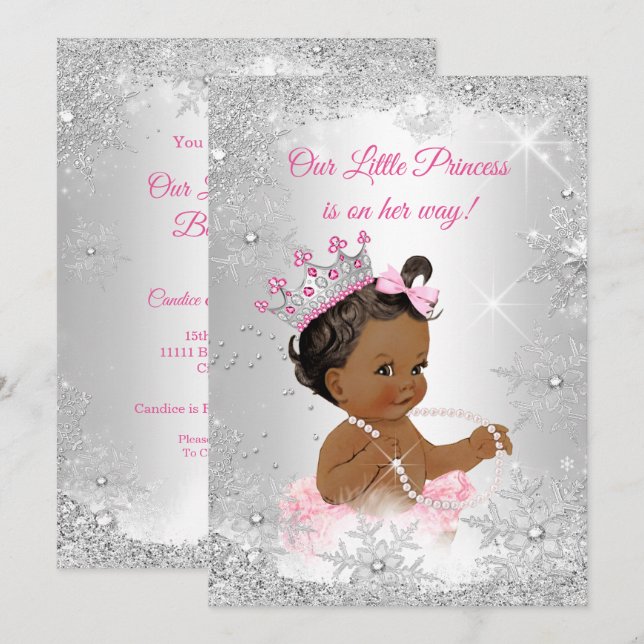 Princess Baby Shower Pink Silver Winter Ethnic Invitation (Front/Back)