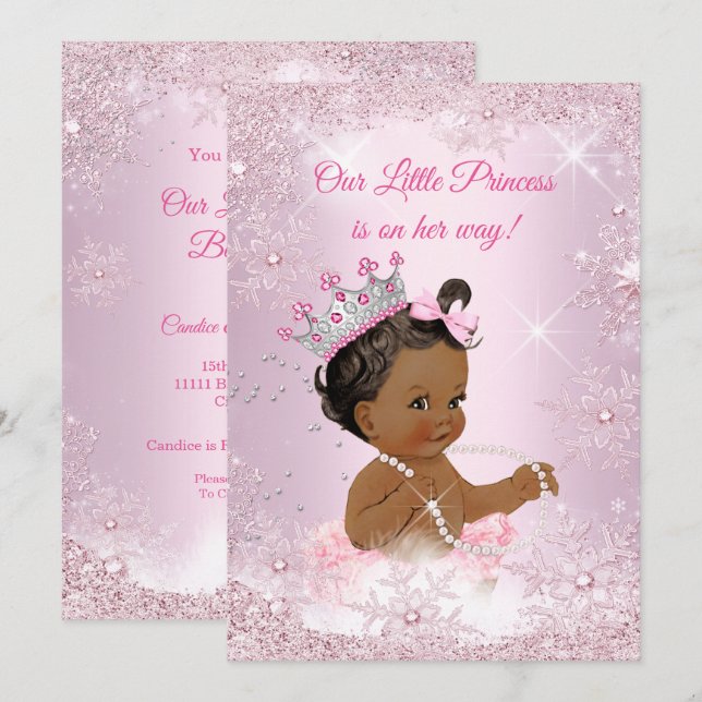 Princess Baby Shower Pink Snowflake Winter Ethnic Invitation (Front/Back)