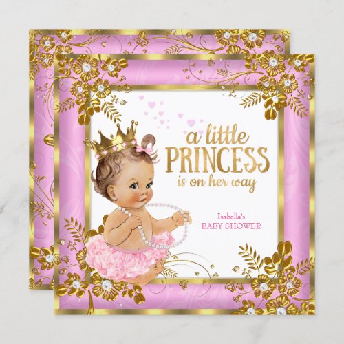 Princess Baby Shower Pink Tutu Floral Brunette Invitation