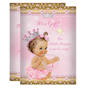Princess Baby Shower Pink Tutu Gold Tiara Brunette Card