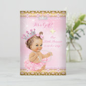 Princess Baby Shower Pink Tutu Gold Tiara Brunette Invitation (Standing Front)