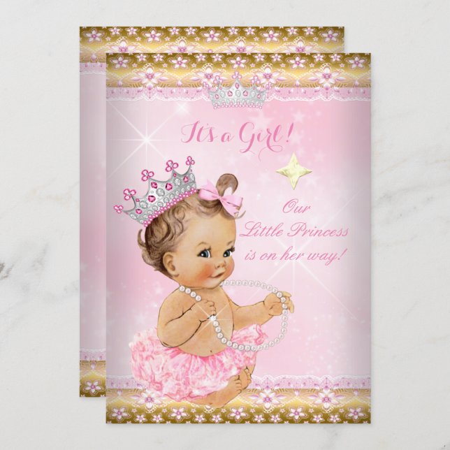Princess Baby Shower Pink Tutu Gold Tiara Brunette Invitation (Front/Back)