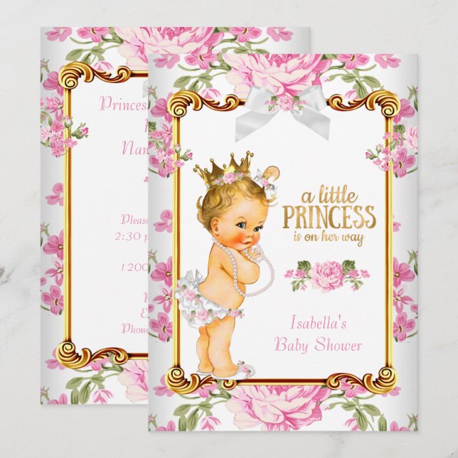 Princess Baby Shower Pink White Floral Blonde 2 Invitation (Front/Back)