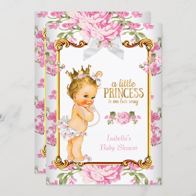 Princess Baby Shower Pink White Floral Blonde 2 Invitation (Front/Back)