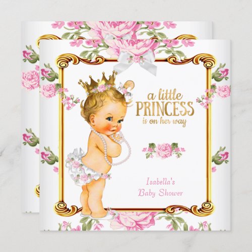 Princess Baby Shower Pink White Floral Blonde Girl Invitation