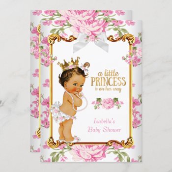 Princess Baby Shower Pink White Floral Brunette 2 Invitation by VintageBabyShop at Zazzle