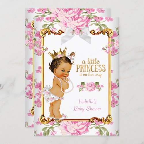Princess Baby Shower Pink White Floral Brunette 2 Invitation