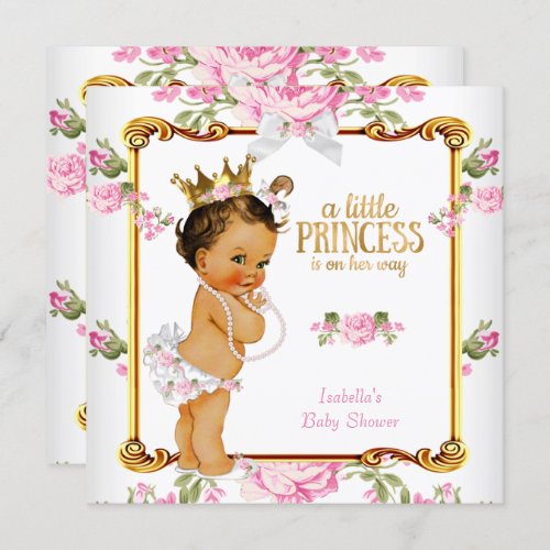 Princess Baby Shower Pink White Floral Brunette Invitation