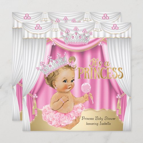 Princess Baby Shower Pink White Gem Gold Blonde Invitation
