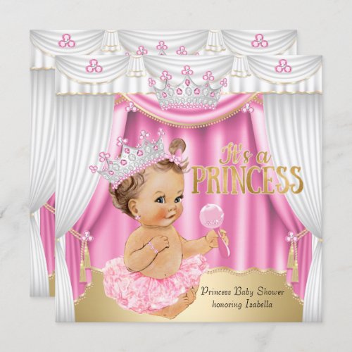 Princess Baby Shower Pink White Gem Gold Brunette Invitation