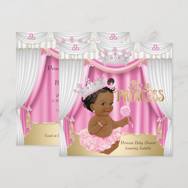 Princess Baby Shower Pink White Gem Gold Ethnic Invitation (Front/Back)