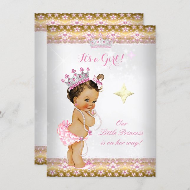 Princess Baby Shower Pink White Gold Tiara Brunett Invitation (Front/Back)