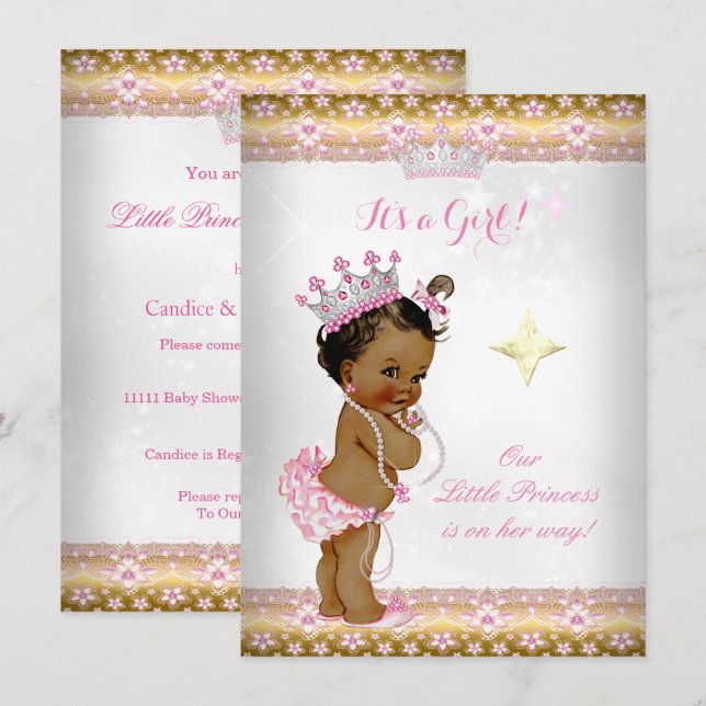 Princess Baby Shower Pink White Gold Tiara Ethnic Invitation (Front/Back)
