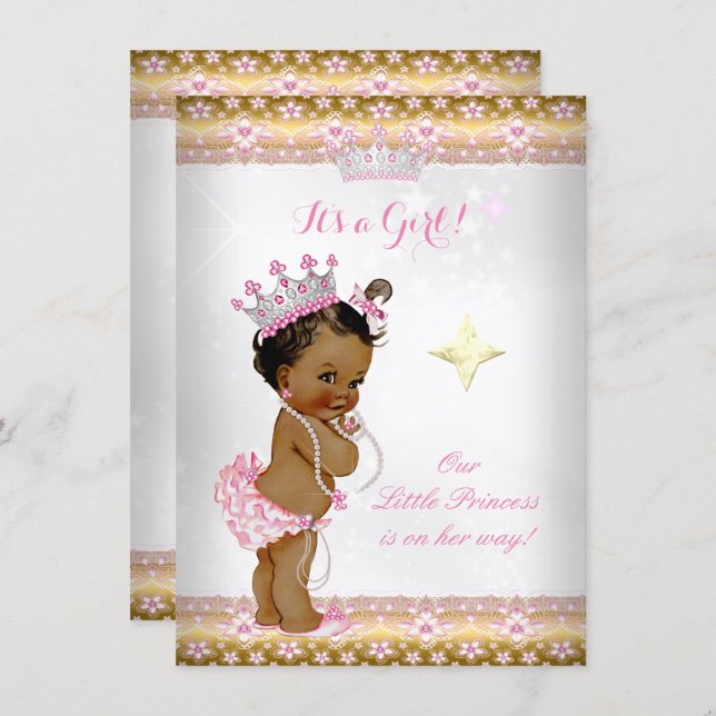 Princess Baby Shower Pink White Gold Tiara Ethnic Invitation (Front/Back)